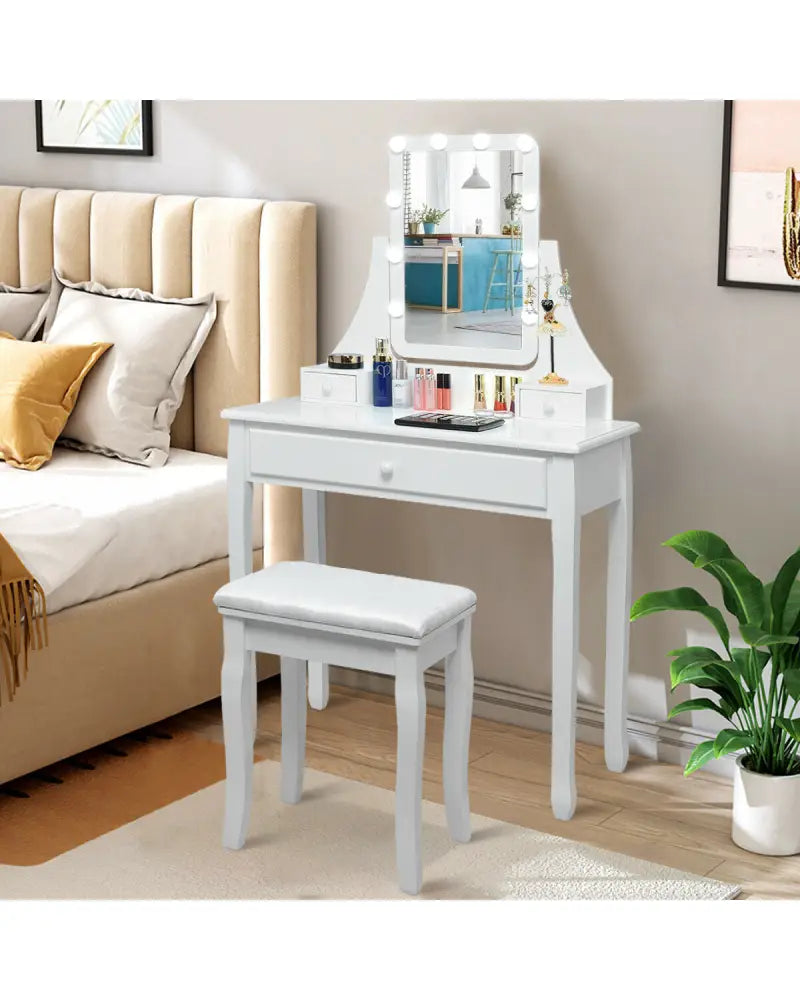 10 LED Lighted Mirror and 3 Drawers Vanity Table Set-White - White - Makeup Vanities