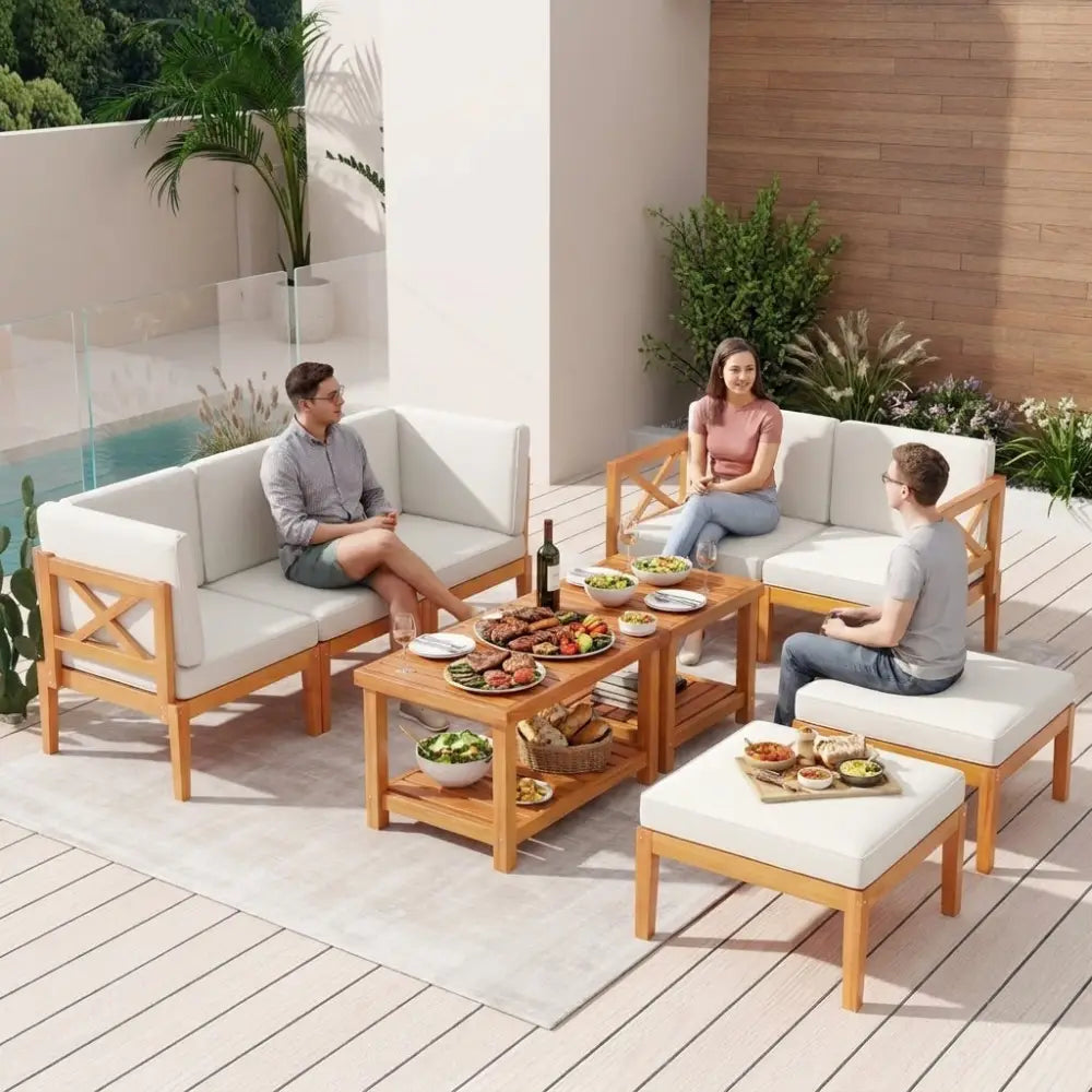 10-Piece Acacia Wood Outdoor Patio Furniture Set - White - Patio Conversation Sets