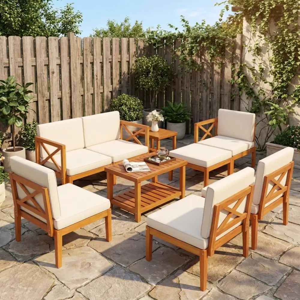10-Piece Acacia Wood Outdoor Patio Furniture Set - White - Patio Conversation Sets