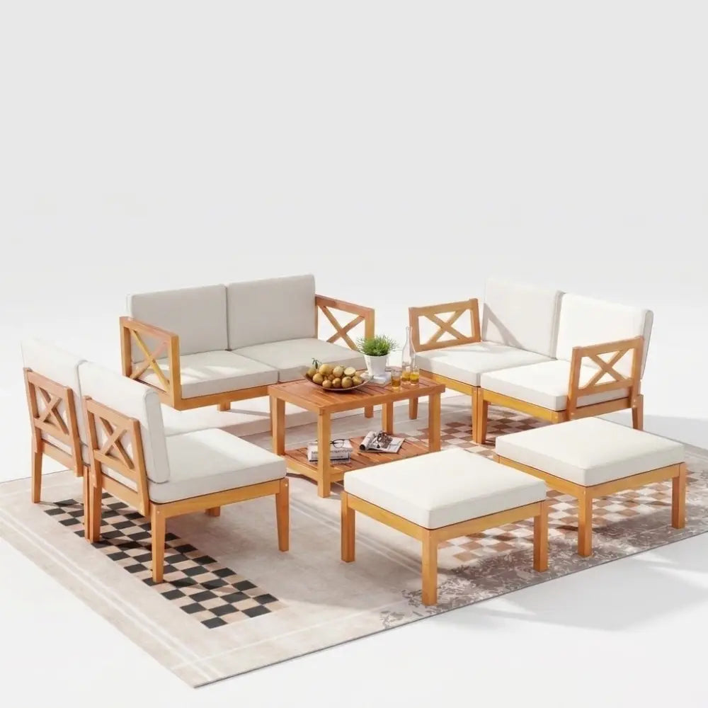 10-Piece Acacia Wood Outdoor Patio Furniture Set - White - Patio Conversation Sets