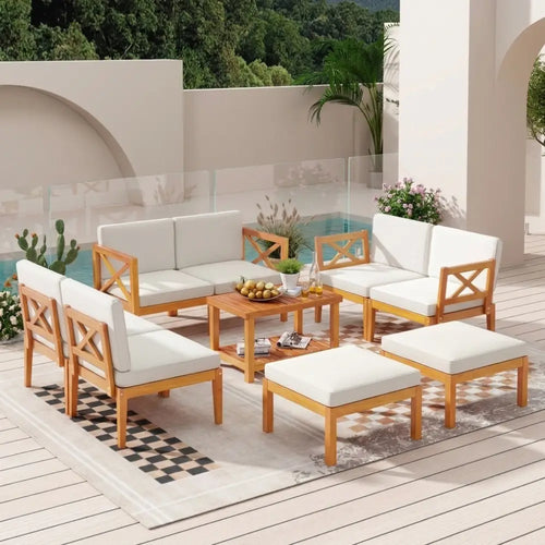 10-Piece Acacia Wood Outdoor Patio Furniture Set - White - Patio Conversation Sets