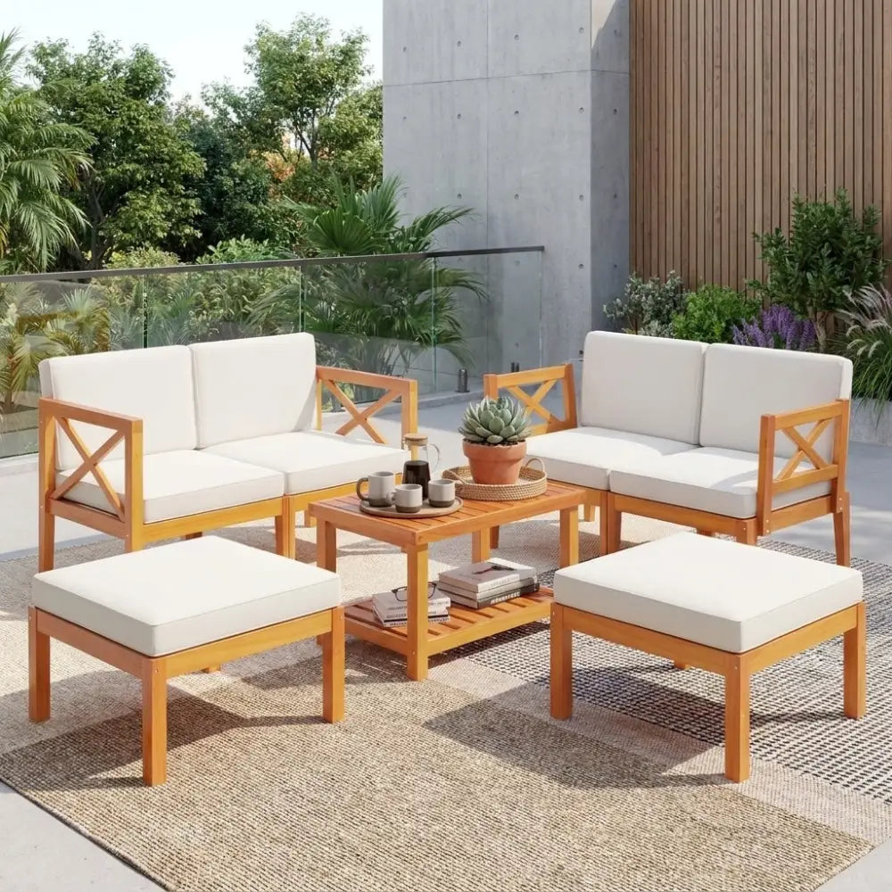 10-Piece Acacia Wood Outdoor Patio Furniture Set - White - Patio Conversation Sets