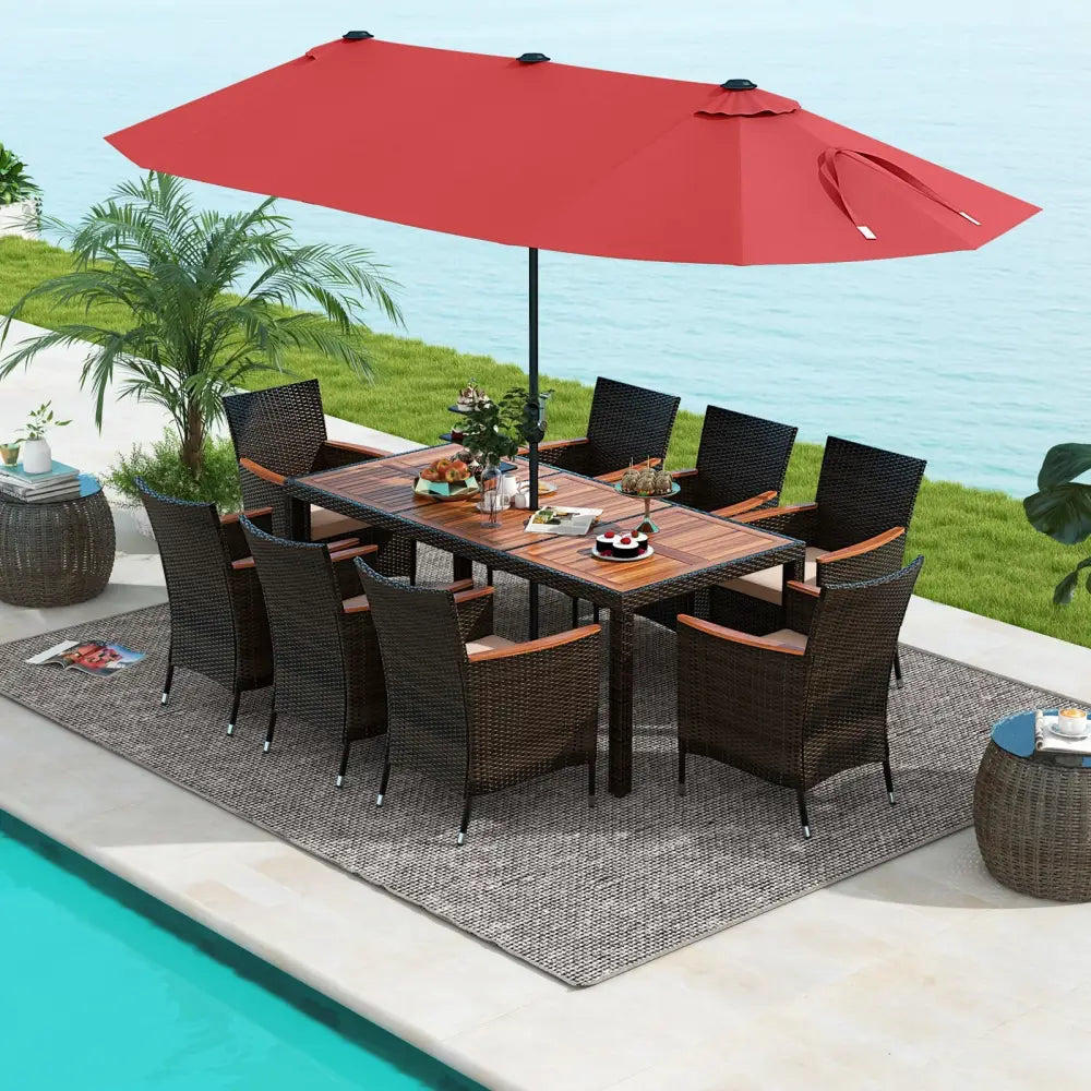 10 Piece Outdoor Dining Set with 15 Feet Double-Sided Twin Patio Umbrella-Red - Red - Patio Dining Sets