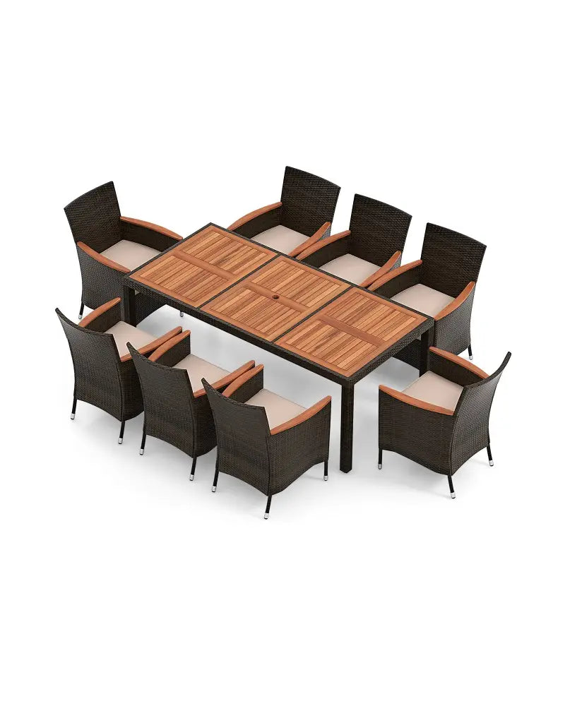 10 Piece Outdoor Dining Set with 15 Feet Double-Sided Twin Patio Umbrella-Beige - Beige - Patio Dining Sets