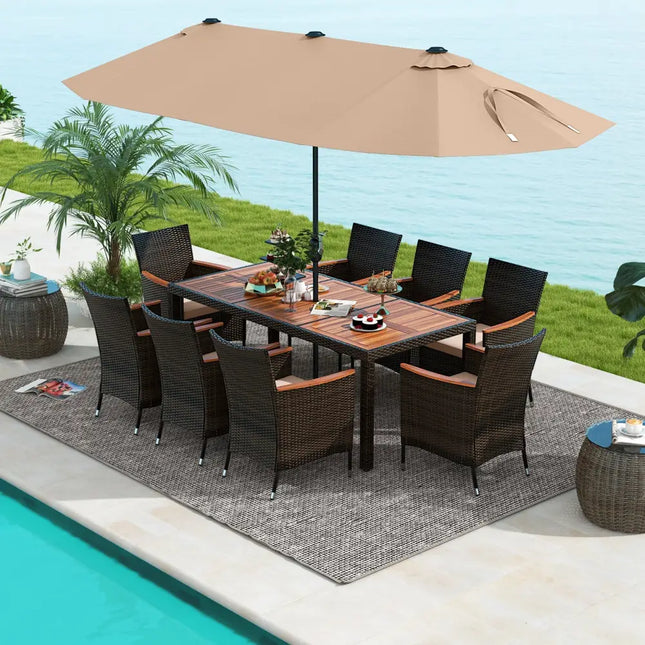 10 Piece Outdoor Dining Set with 15 Feet Double-Sided Twin Patio Umbrella-Brown - Brown - Patio Dining Sets