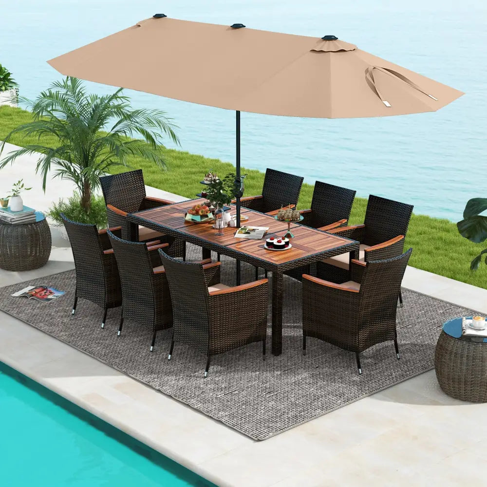 10 Piece Outdoor Dining Set with 15 Feet Double-Sided Twin Patio Umbrella-Brown - Brown - Patio Dining Sets