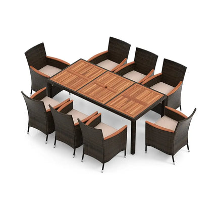 10 Piece Outdoor Dining Set with 15 Feet Double-Sided Twin Patio Umbrella-Beige - Beige - Patio Dining Sets