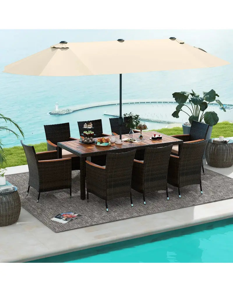 10 Piece Outdoor Dining Set with 15 Feet Double-Sided Twin Patio Umbrella-Beige - Beige - Patio Dining Sets