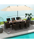 10 Piece Outdoor Dining Set with 15 Feet Double-Sided Twin Patio Umbrella-Beige - Beige - Patio Dining Sets