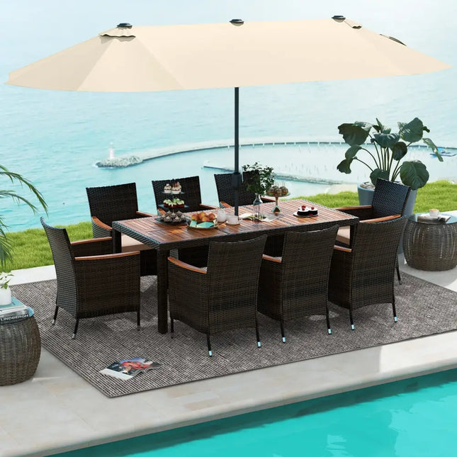 10 Piece Outdoor Dining Set with 15 Feet Double-Sided Twin Patio Umbrella-Beige - Beige - Patio Dining Sets