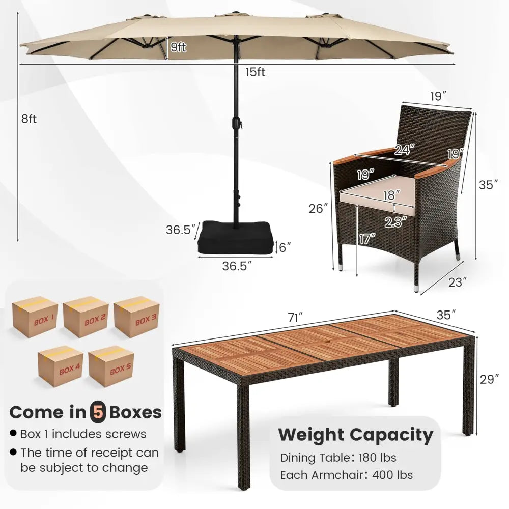 10 Piece Outdoor Dining Set with 15 Feet Double-Sided Twin Patio Umbrella-Beige - Beige - Patio Dining Sets