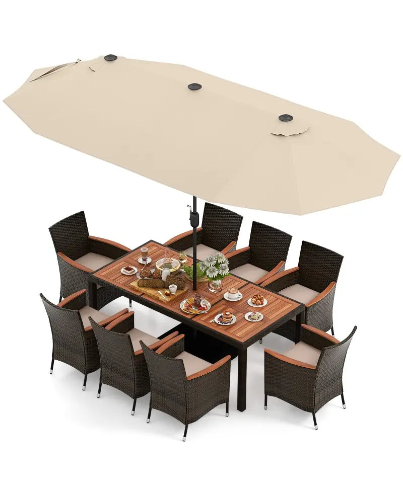 10 Piece Outdoor Dining Set with 15 Feet Double-Sided Twin Patio Umbrella-Beige - Beige - Patio Dining Sets