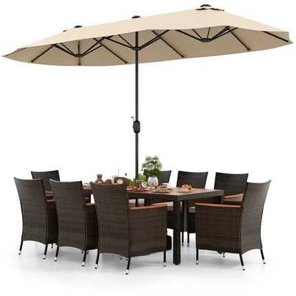 10 Piece Outdoor Dining Set with 15 Feet Double-Sided Twin Patio Umbrella-Beige - Beige - Patio Dining Sets