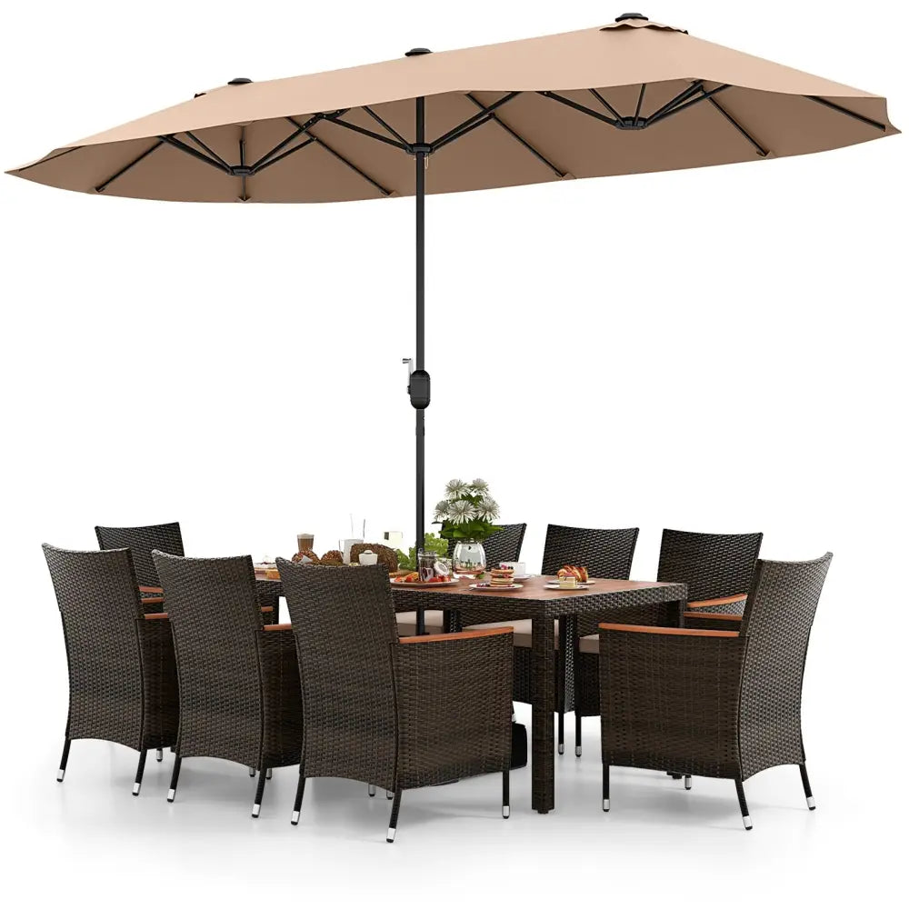 10 Piece Outdoor Dining Set with 15 Feet Double-Sided Twin Patio Umbrella-Brown - Brown - Patio Dining Sets