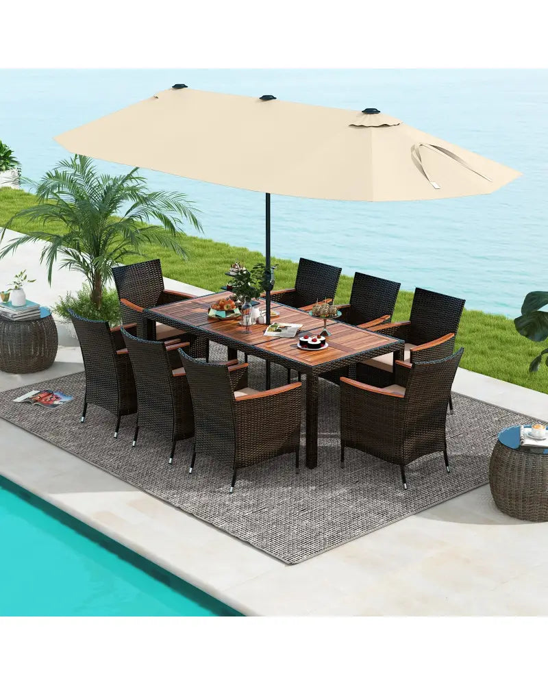 10 Piece Outdoor Dining Set with 15 Feet Double-Sided Twin Patio Umbrella-Beige - Beige - Patio Dining Sets