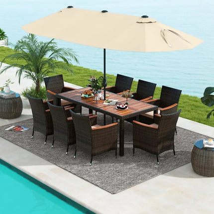 10 Piece Outdoor Dining Set with 15 Feet Double-Sided Twin Patio Umbrella-Beige - Beige - Patio Dining Sets