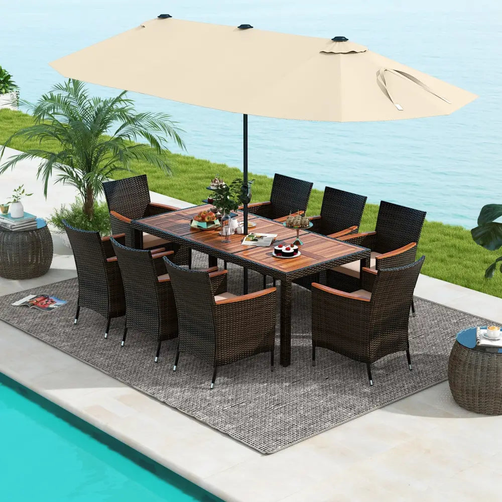 10 Piece Outdoor Dining Set with 15 Feet Double-Sided Twin Patio Umbrella-Beige - Beige - Patio Dining Sets