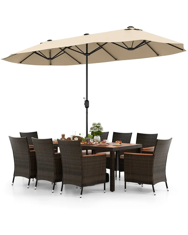 10 Piece Outdoor Dining Set with 15 Feet Double-Sided Twin Patio Umbrella-Beige - Beige - Patio Dining Sets