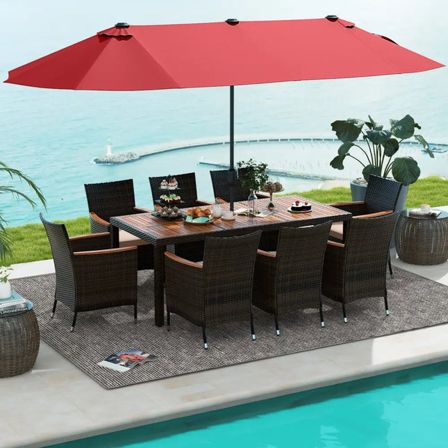 10 Piece Outdoor Dining Set with 15 Feet Double-Sided Twin Patio Umbrella-Red - Red - Patio Dining Sets