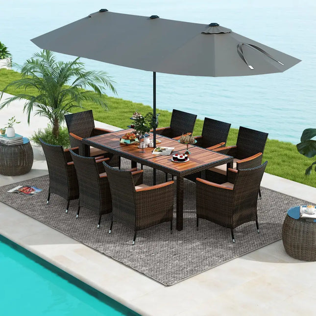 10 Piece Outdoor Dining Set with 15 Feet Double-Sided Twin Patio Umbrella-Gray - Gray - Patio Dining Sets