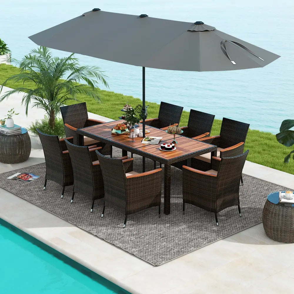 10 Piece Outdoor Dining Set with 15 Feet Double-Sided Twin Patio Umbrella-Gray - Gray - Patio Dining Sets