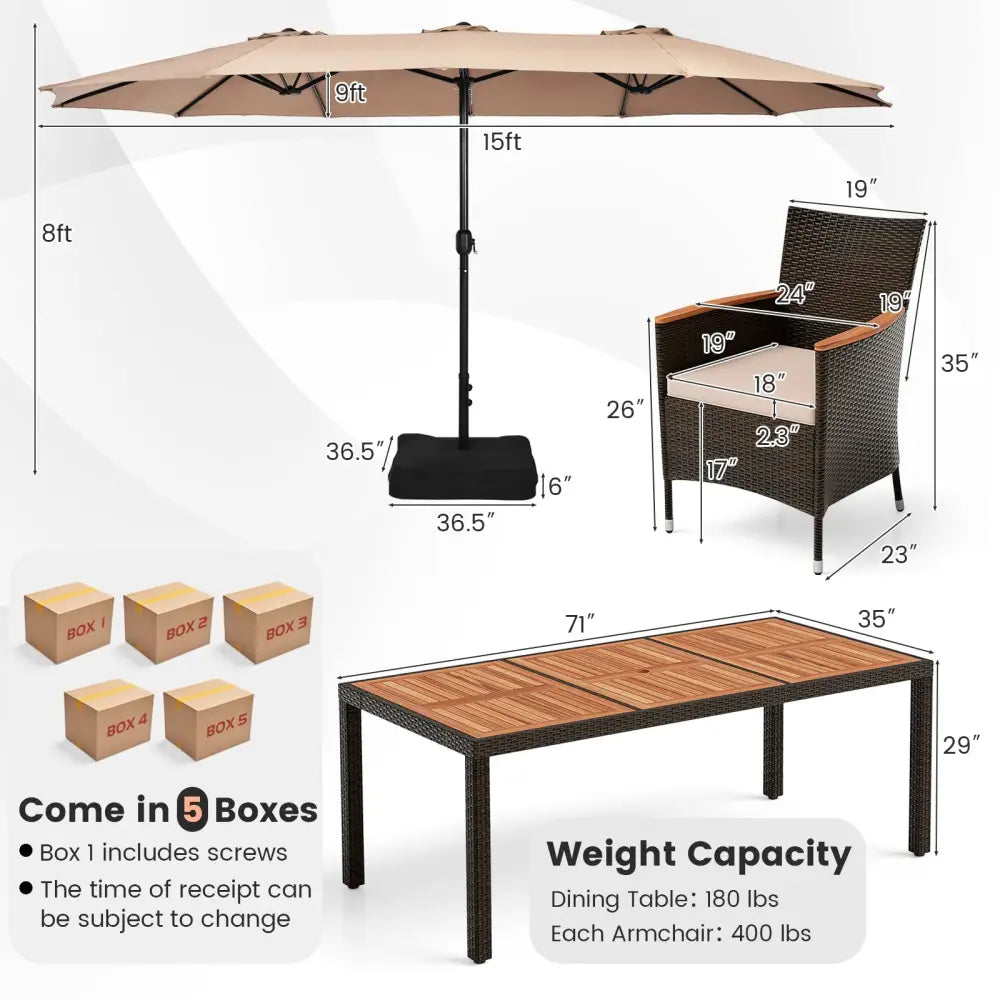 10 Piece Outdoor Dining Set with 15 Feet Double-Sided Twin Patio Umbrella-Brown - Brown - Patio Dining Sets