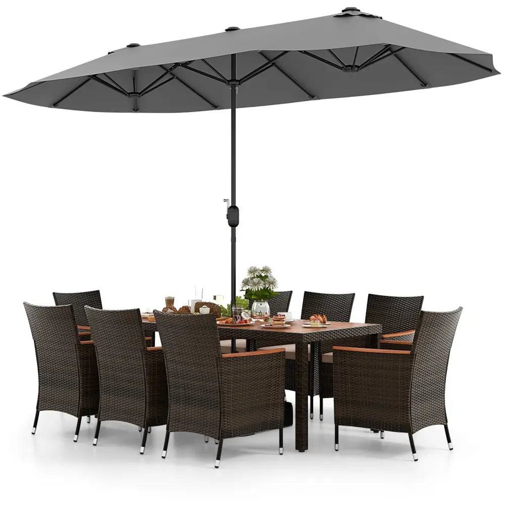 10 Piece Outdoor Dining Set with 15 Feet Double-Sided Twin Patio Umbrella-Gray - Gray - Patio Dining Sets