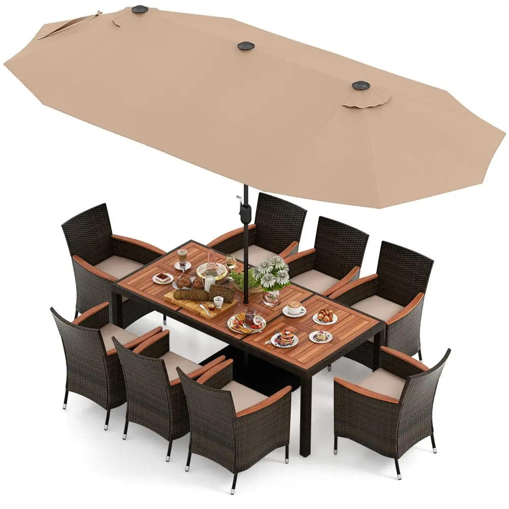 10 Piece Outdoor Dining Set with 15 Feet Double-Sided Twin Patio Umbrella-Brown - Brown - Patio Dining Sets