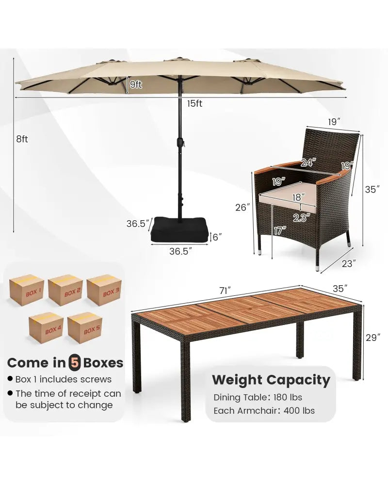 10 Piece Outdoor Dining Set with 15 Feet Double-Sided Twin Patio Umbrella-Beige - Beige - Patio Dining Sets