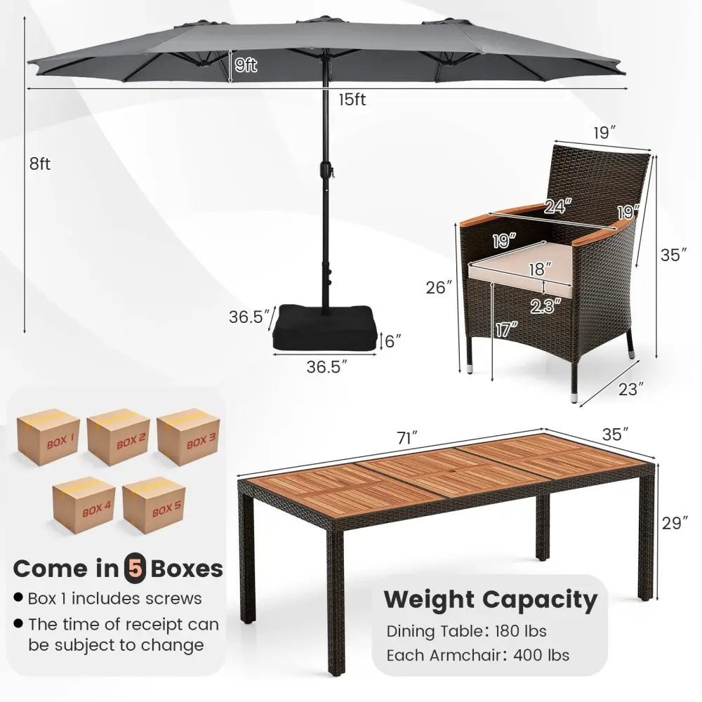 10 Piece Outdoor Dining Set with 15 Feet Double-Sided Twin Patio Umbrella-Gray - Gray - Patio Dining Sets