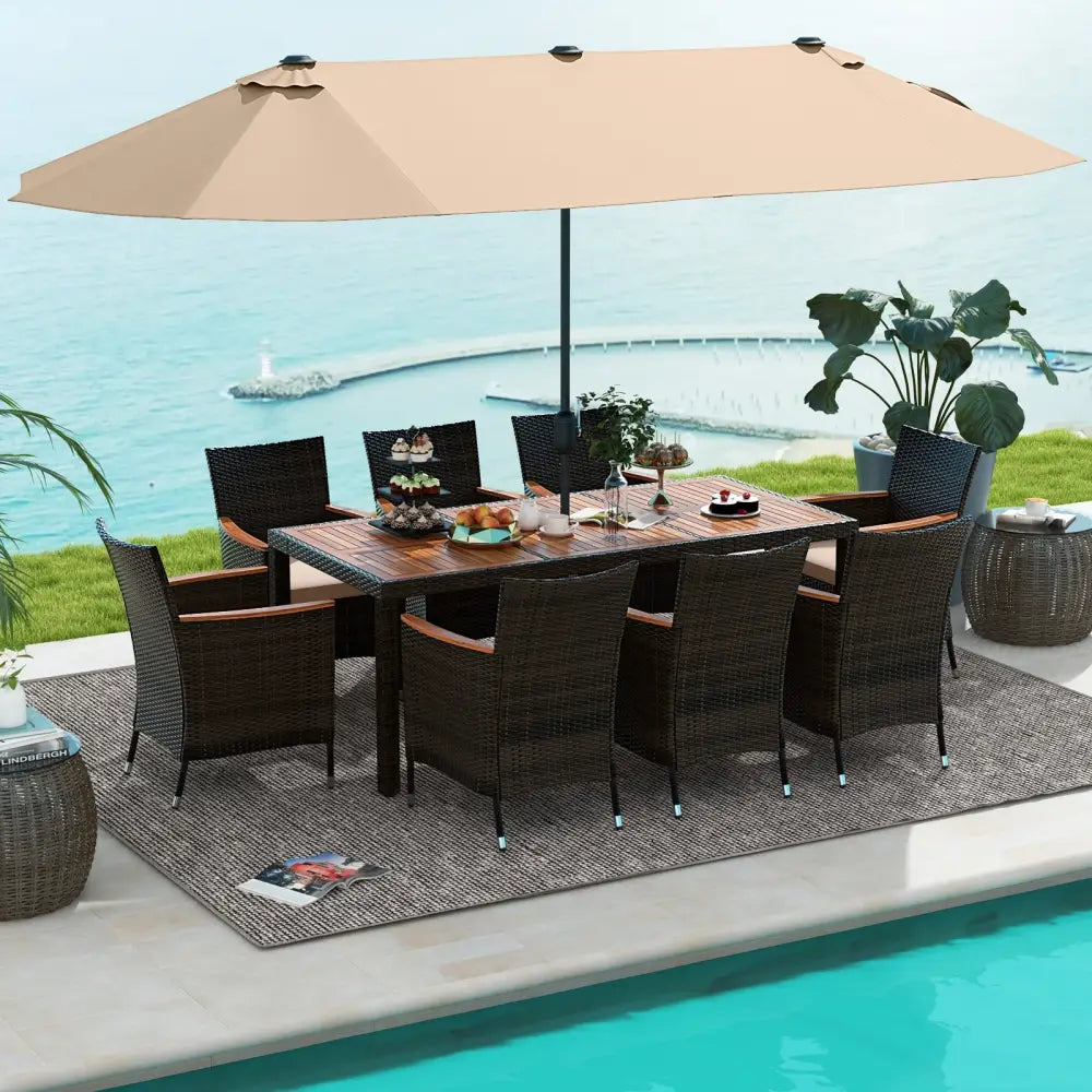 10 Piece Outdoor Dining Set with 15 Feet Double-Sided Twin Patio Umbrella-Brown - Brown - Patio Dining Sets