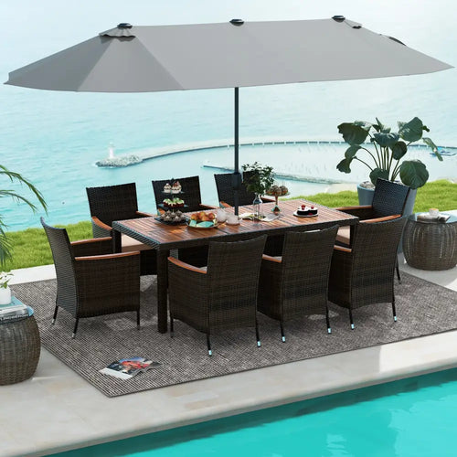 10 Piece Outdoor Dining Set with 15 Feet Double-Sided Twin Patio Umbrella-Gray - Gray - Patio Dining Sets