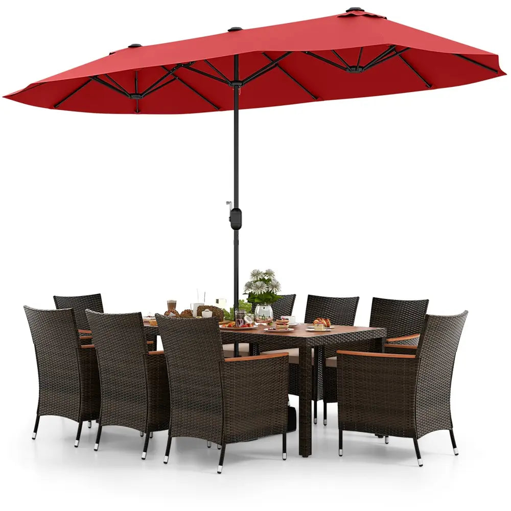 10 Piece Outdoor Dining Set with 15 Feet Double-Sided Twin Patio Umbrella-Red - Red - Patio Dining Sets