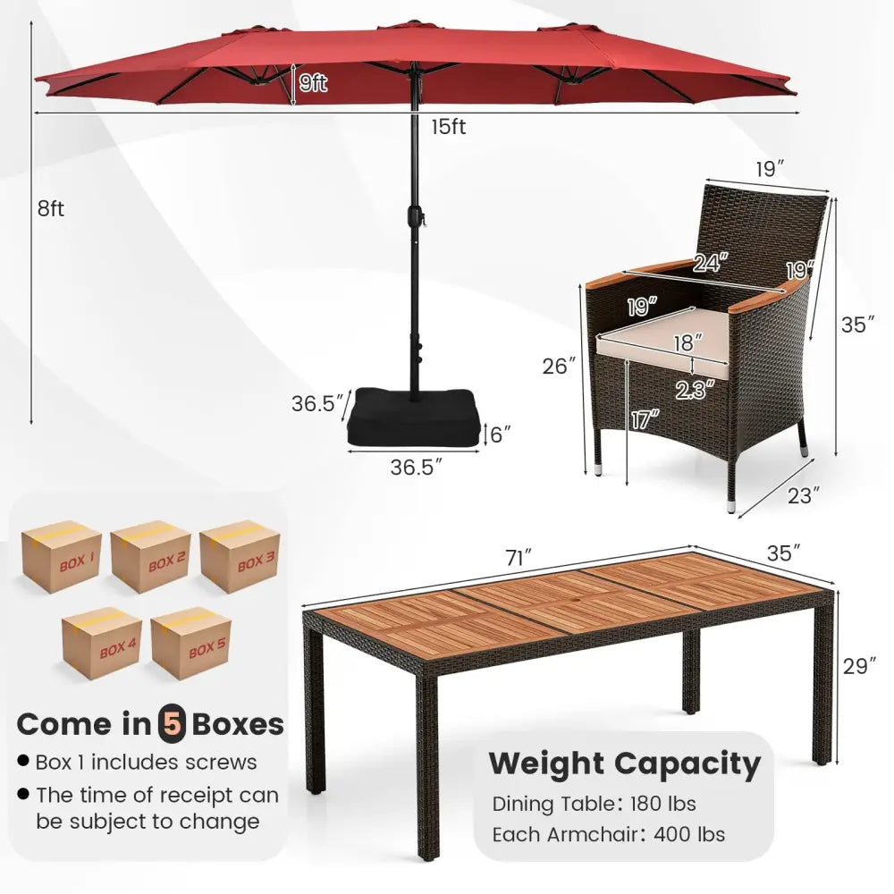 10 Piece Outdoor Dining Set with 15 Feet Double-Sided Twin Patio Umbrella-Red - Red - Patio Dining Sets