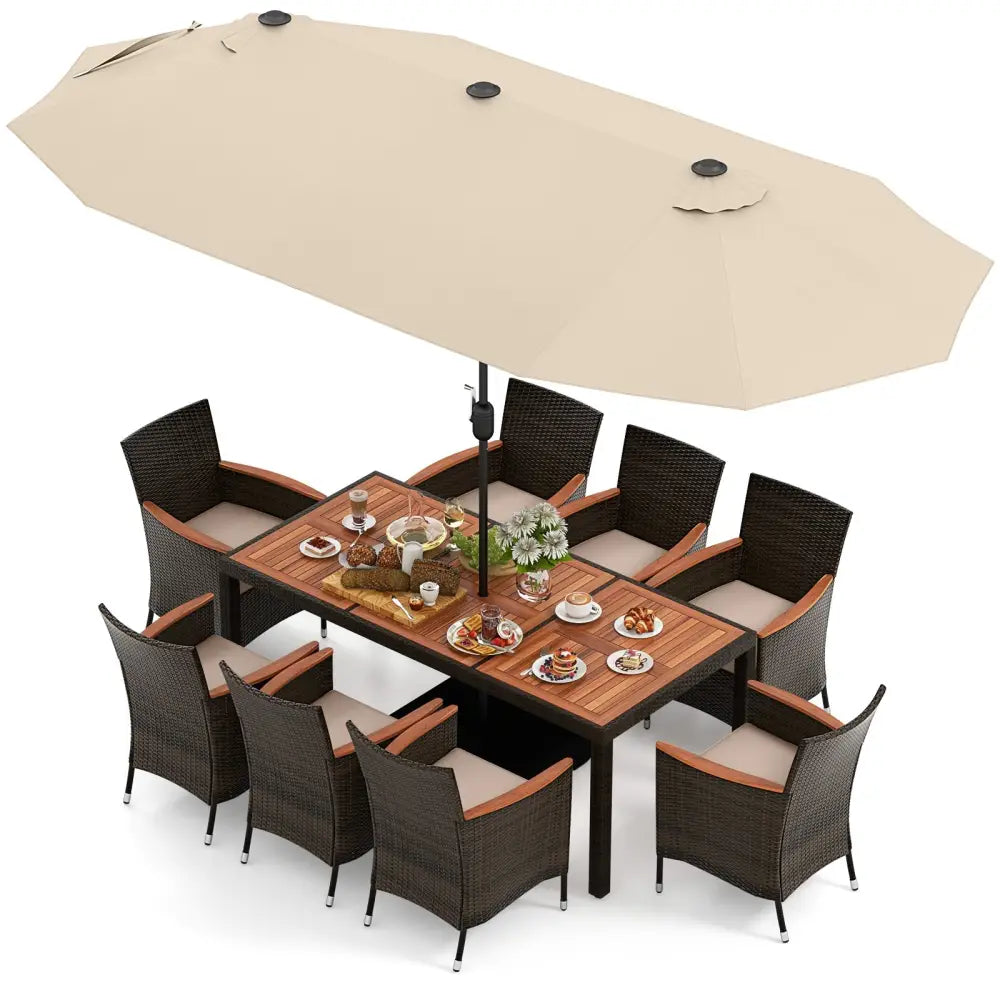 10 Piece Outdoor Dining Set with 15 Feet Double-Sided Twin Patio Umbrella-Beige - Beige - Patio Dining Sets
