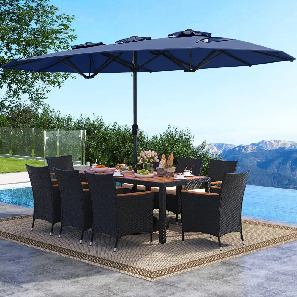 10 Piece Outdoor Dining Set with 15 Feet Double-Sided Twin Umbrella-Navy - Navy - Patio Dining Sets