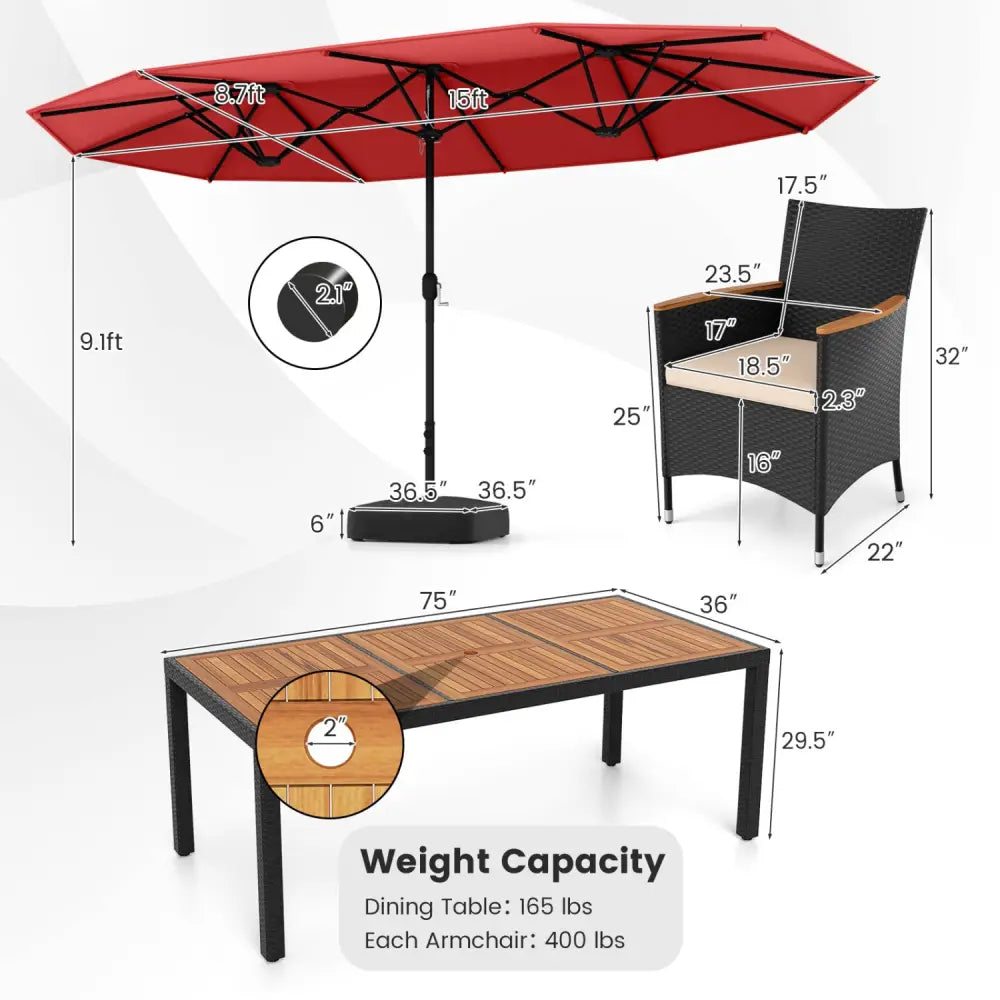 10 Piece Outdoor Dining Set with 15 Feet Double-Sided Twin Umbrella-Red - Red - Patio Dining Sets