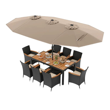 10 Piece Outdoor Dining Set with 15 Feet Double-Sided Twin Umbrella-Brown - Brown - Patio Dining Sets