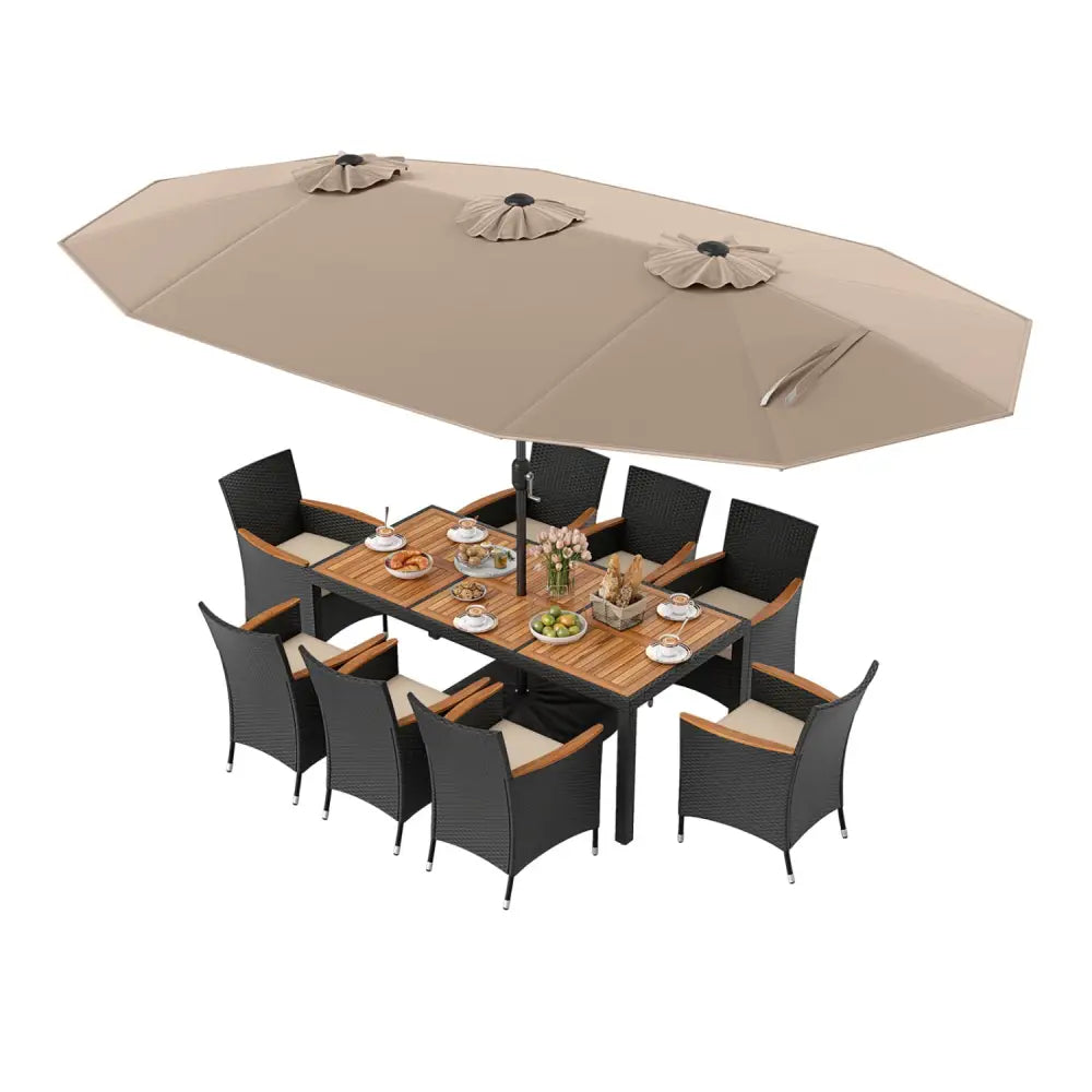 10 Piece Outdoor Dining Set with 15 Feet Double-Sided Twin Umbrella-Brown - Brown - Patio Dining Sets