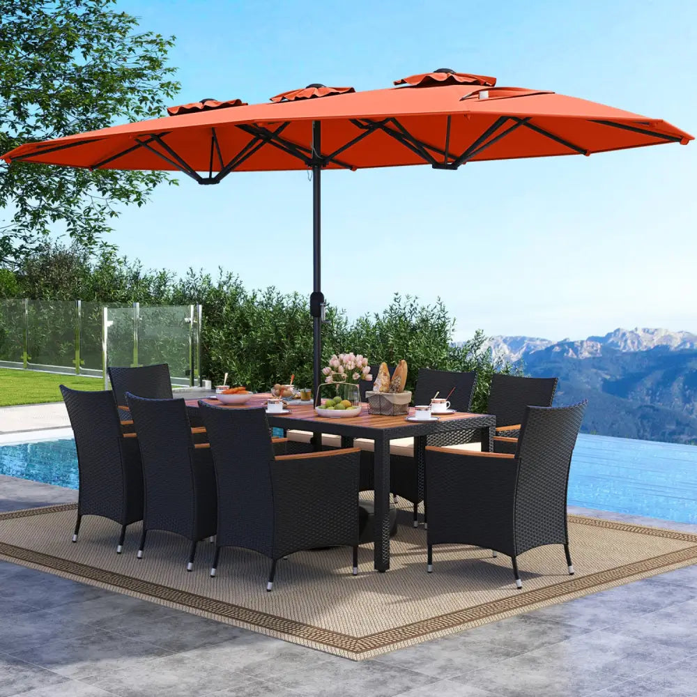 10 Piece Outdoor Dining Set with 15 Feet Double-Sided Twin Umbrella-Orange - Orange - Patio Dining Sets