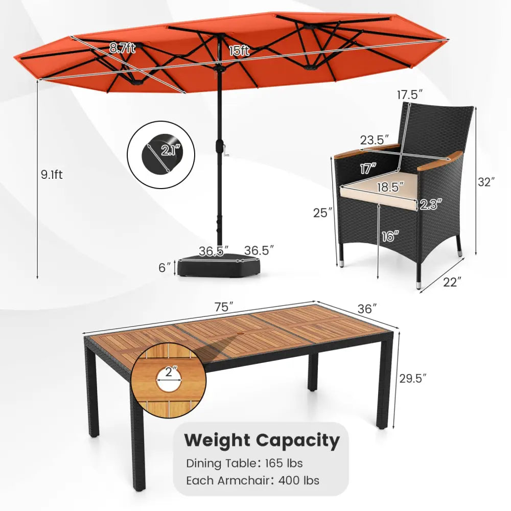 10 Piece Outdoor Dining Set with 15 Feet Double-Sided Twin Umbrella-Orange - Orange - Patio Dining Sets