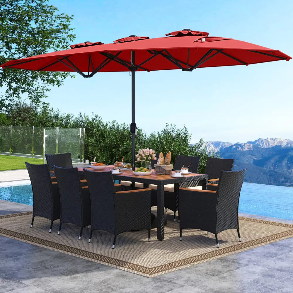 10 Piece Outdoor Dining Set with 15 Feet Double-Sided Twin Umbrella-Red - Red - Patio Dining Sets