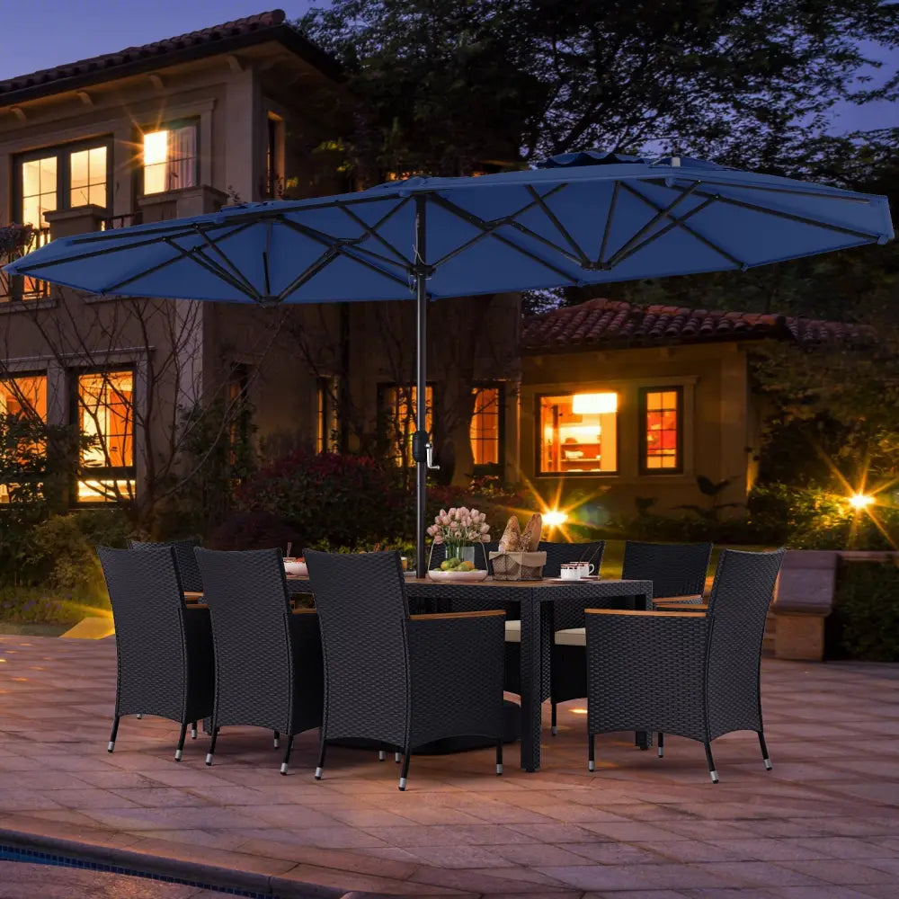 10 Piece Outdoor Dining Set with 15 Feet Double-Sided Twin Umbrella-Navy - Navy - Patio Dining Sets