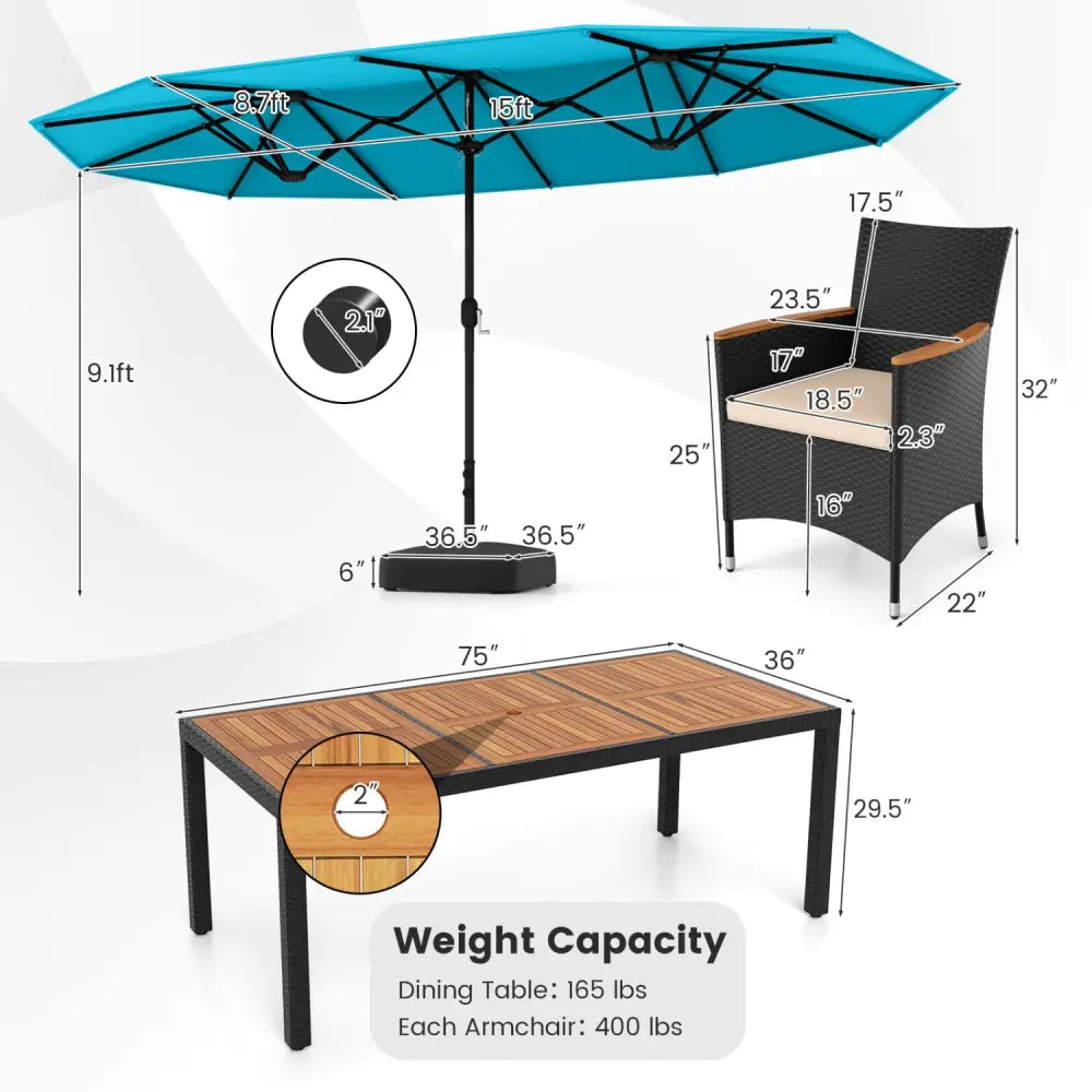 10 Piece Outdoor Dining Set with 15 Feet Double-Sided Twin Umbrella-Turquoise - Turquoise - Patio Dining Sets