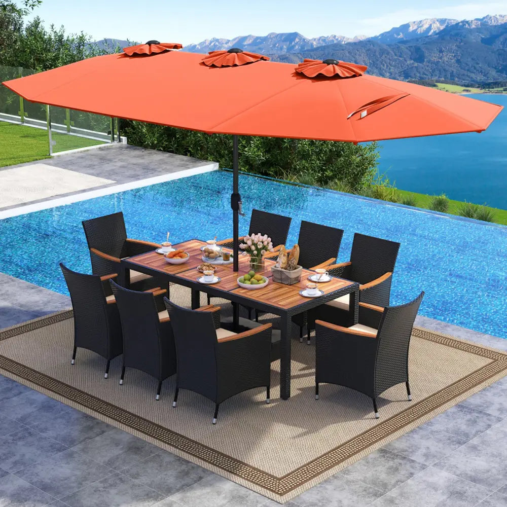 10 Piece Outdoor Dining Set with 15 Feet Double-Sided Twin Umbrella-Orange - Orange - Patio Dining Sets
