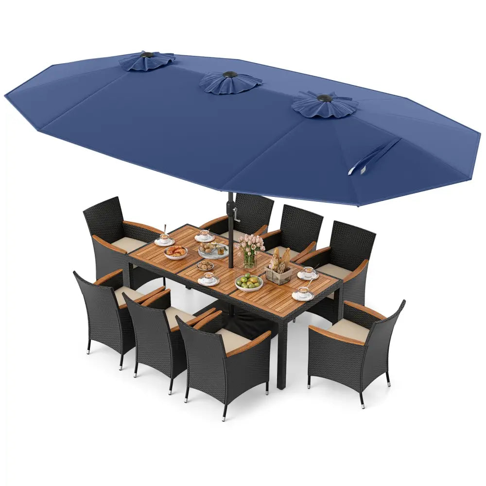 10 Piece Outdoor Dining Set with 15 Feet Double-Sided Twin Umbrella-Navy - Navy - Patio Dining Sets