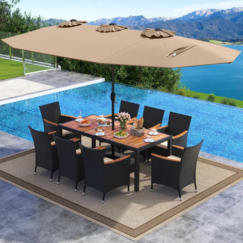 10 Piece Outdoor Dining Set with 15 Feet Double-Sided Twin Umbrella-Brown - Brown - Patio Dining Sets