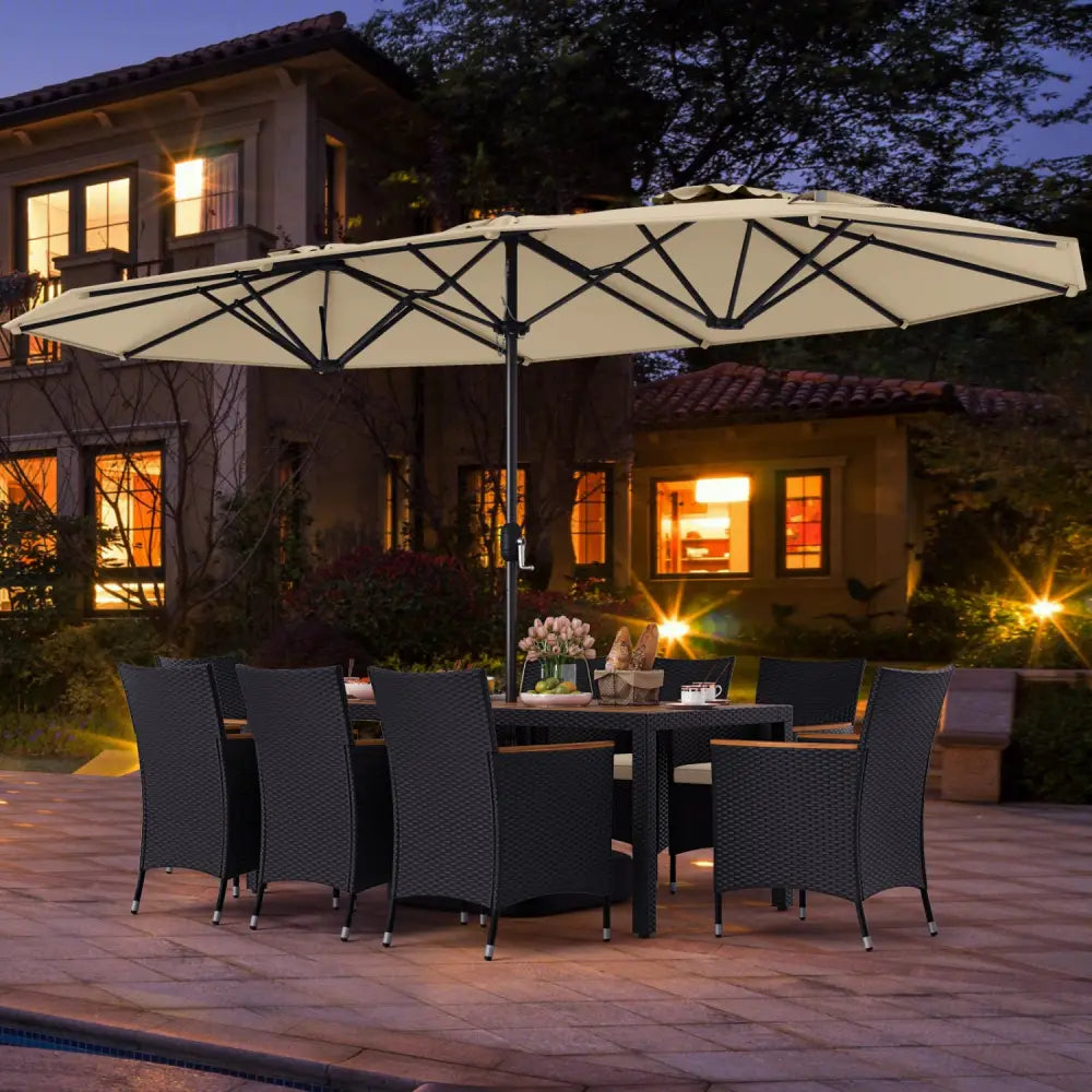10 Piece Outdoor Dining Set with 15 Feet Double-Sided Twin Umbrella-Beige - Beige - Patio Dining Sets