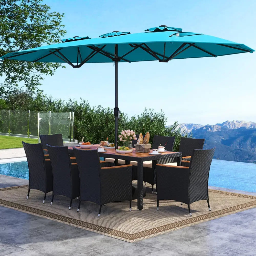 10 Piece Outdoor Dining Set with 15 Feet Double-Sided Twin Umbrella-Turquoise - Turquoise - Patio Dining Sets