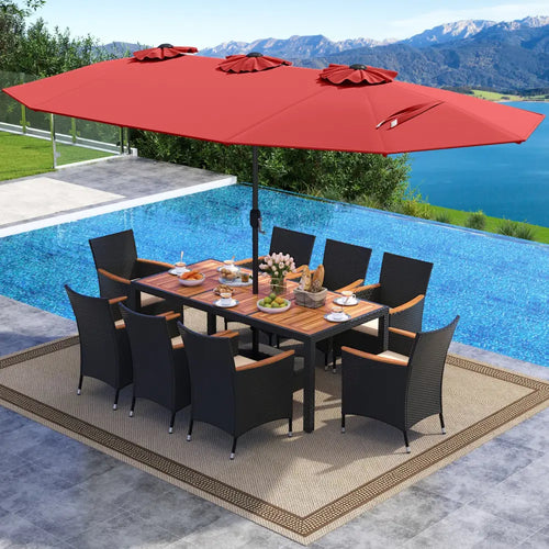 10 Piece Outdoor Dining Set with 15 Feet Double-Sided Twin Umbrella-Red - Red - Patio Dining Sets